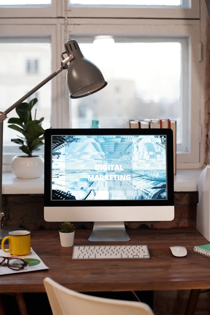 Contact Contemporary home office desk with digital marketing screen, perfect for remote work inspiration.